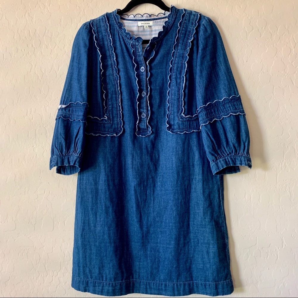 max studio denim dress MAX STUDIO scalloped edge denim shirt dress